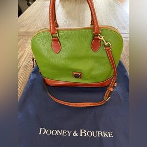 Dooney & Bourke Green Pebble Leather Satchel with Saddle Brown Trim